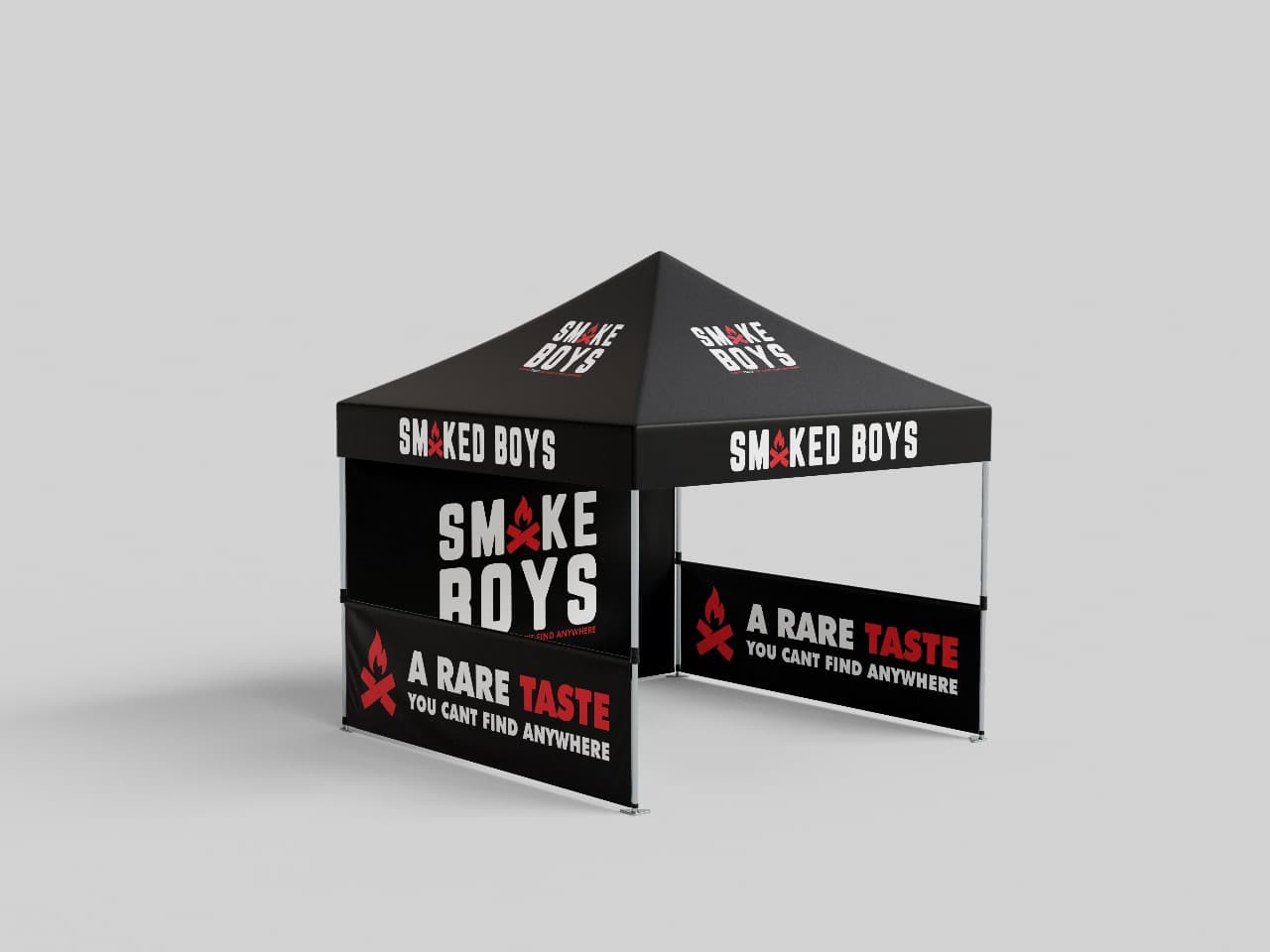 Smoke Boys branded gazebo, three-panel event setup